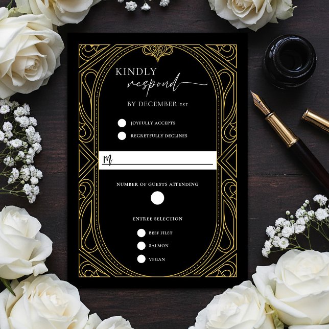 Elegant Black Faux Gold Art Deco Response Card (Elegant Black Faux Gold Art Deco RSVP Response Card)