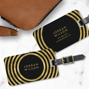 Elegant Black & Faux Gold Circles Geometric Lines Luggage Tag