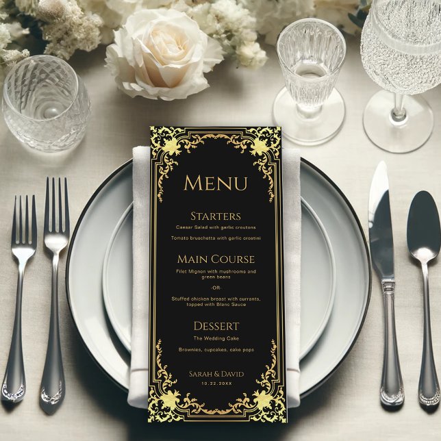 Elegant Black Faux Gold Foil Vintage Wedding  Menu (Creator Uploaded)