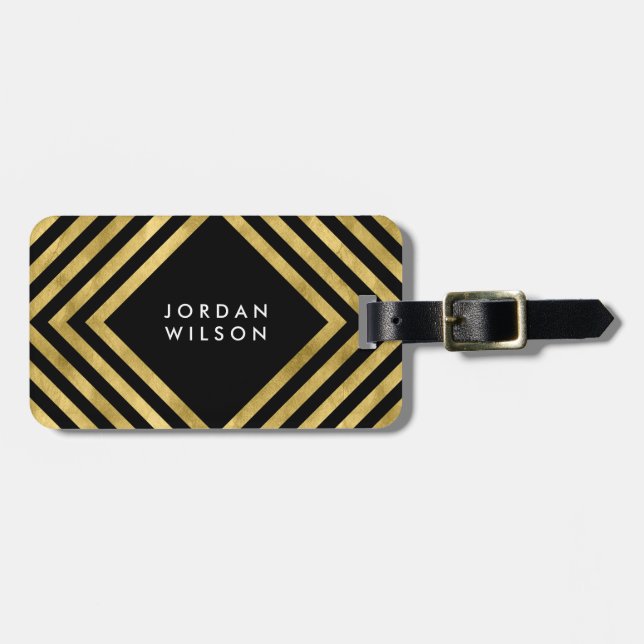 Elegant Black Faux Gold Geometric Lines Luggage Tag (Front Horizontal)