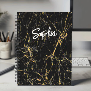 Elegant black faux gold glitter marble art notebook