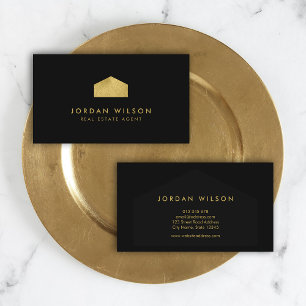 Elegant Black Faux Gold House Real Estate Agent Business Card