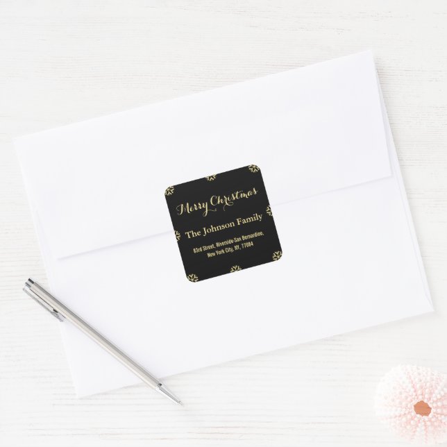 Elegant Black Faux Gold Script Christmas Snowflake Square Sticker (Envelope)