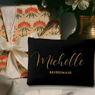 Elegant Black Faux Gold Script Name Bridesmaid Accessory Pouch