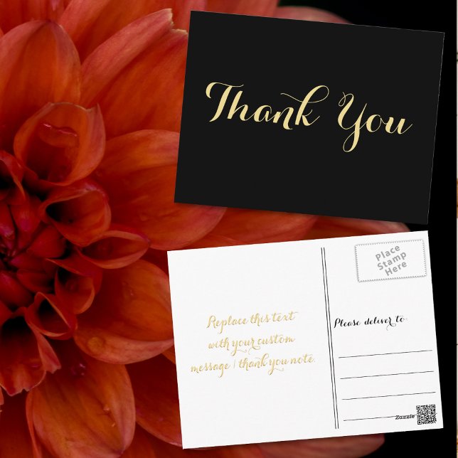 Elegant Black Faux Gold Script Wedding Thank You Postcard (Elegant Black Faux Gold Script Wedding Thank You Postcard)