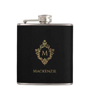 Elegant Black Faux Gold Vintage Monogram in Crest Hip Flask