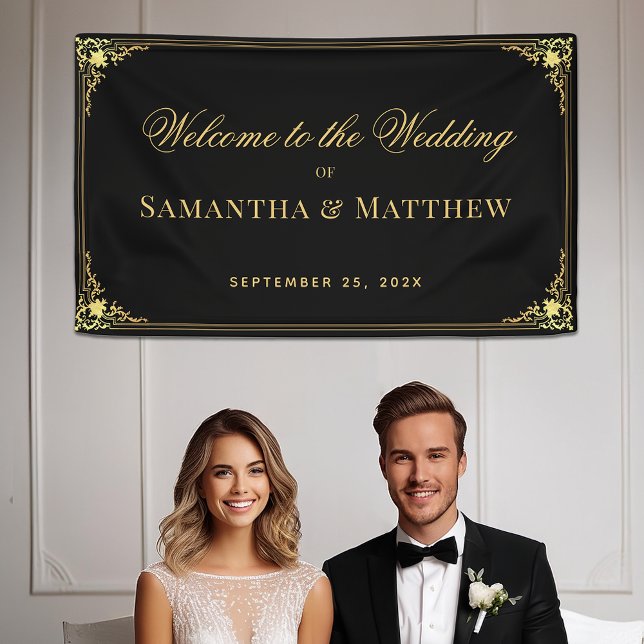 Elegant Black Faux Gold Vintage Wedding Welcome Banner (Creator Uploaded)