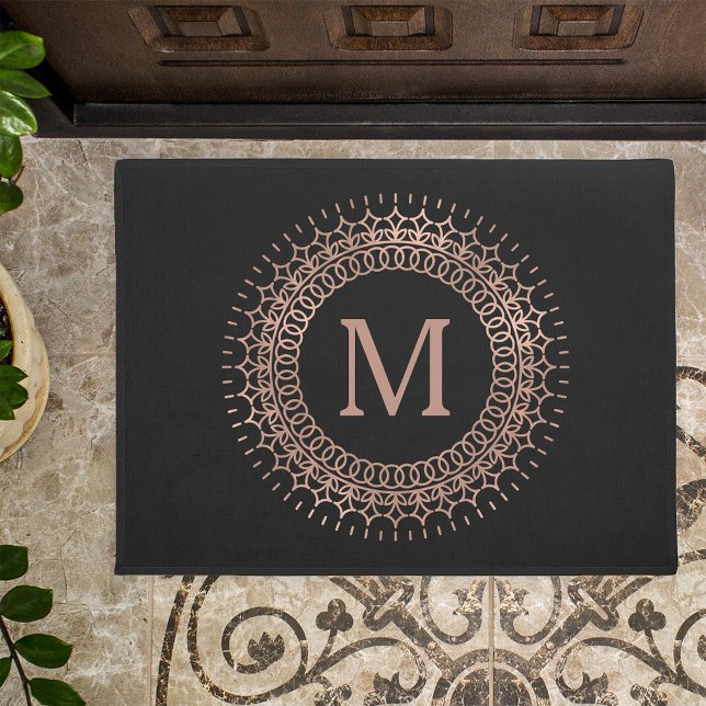 Elegant Black & Faux Rose Gold Initial Monogram Doormat (Creator Uploaded)