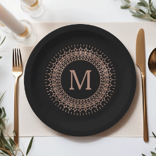 Elegant Black & Faux Rose Gold Initial Monogram Paper Plate