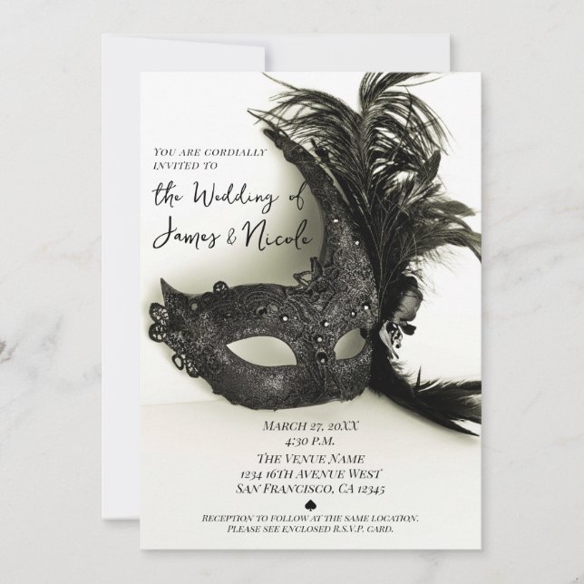 Elegant Black Feather Masquerade Mask Sage Wedding Invitation (Front)
