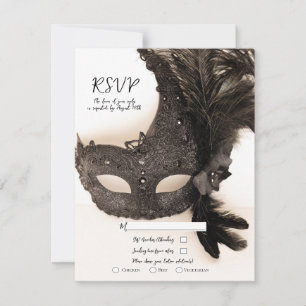 Elegant Black Feather Masquerade Tan Wedding RSVP Invitation