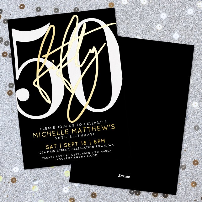 Elegant Black Fifty 50th Birthday Gold (Elegant Black Fifty 50th Birthday Gold Foil Invitation)