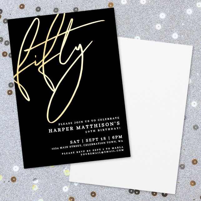 Elegant Black Fifty 50th Birthday Gold (Elegant Black Fifty 50th Birthday Gold Foil Invitation)
