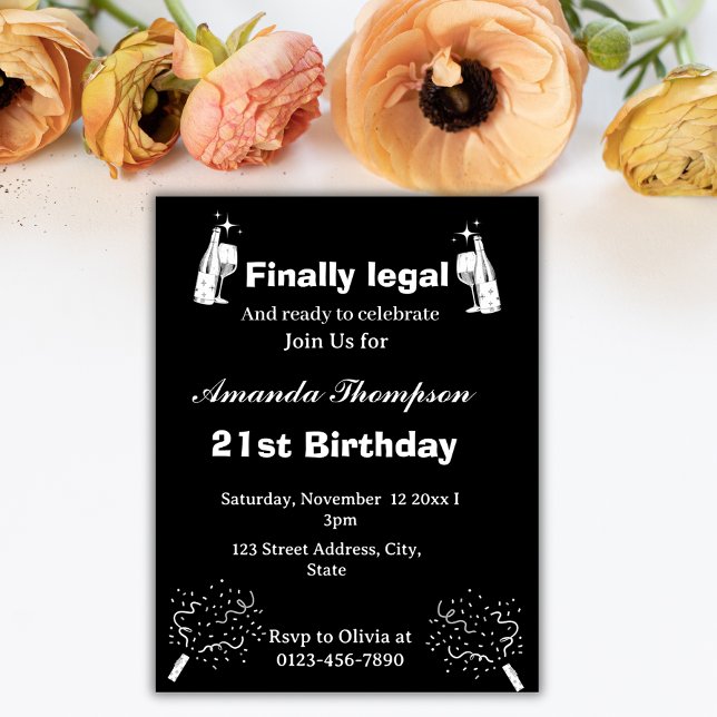 Elegant Black Finally Legal 21st Birthday  Invitation (Creator Uploaded)