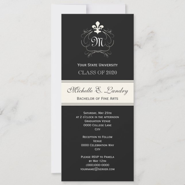 Elegant Black Fleur de Lis Formal Graduation Invitation (Front)
