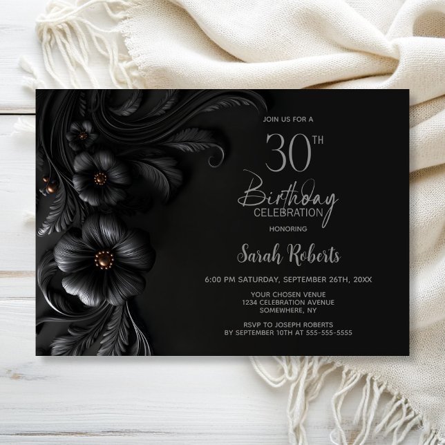 Elegant Black Floral 30th Birthday Party Invitation (Creator Uploaded)