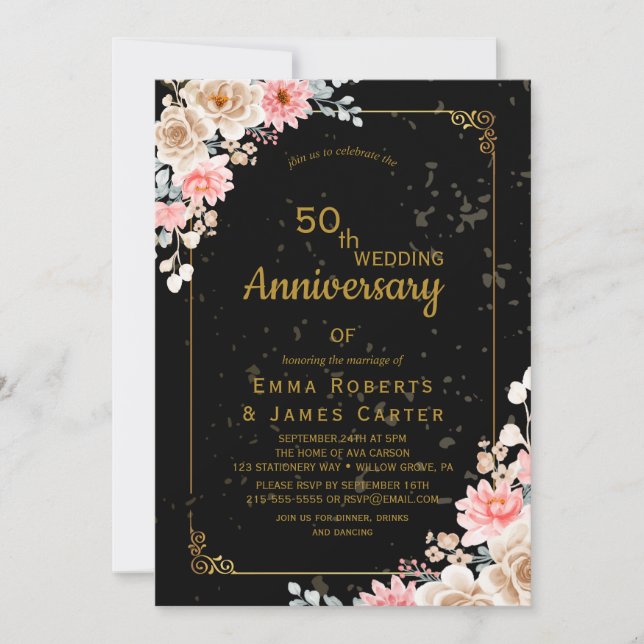 Elegant Black Floral 50th Anniversary Invite (Front)