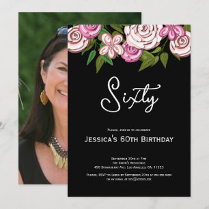 Elegant Black Floral 60th Birthday Photo Invitation
