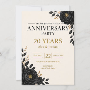 Elegant Black Floral Anniversary Party Invitation