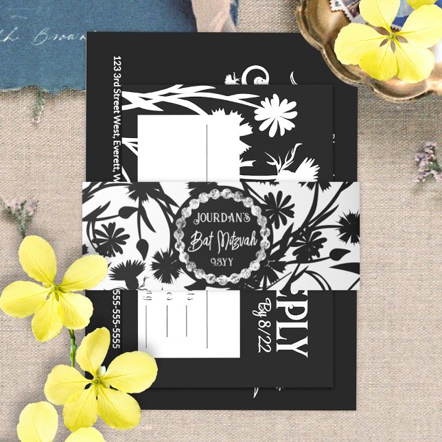 Elegant Black Floral Bat Mitzvah Invitation Belly Band (floral black and white bat mitzvah belly bands)