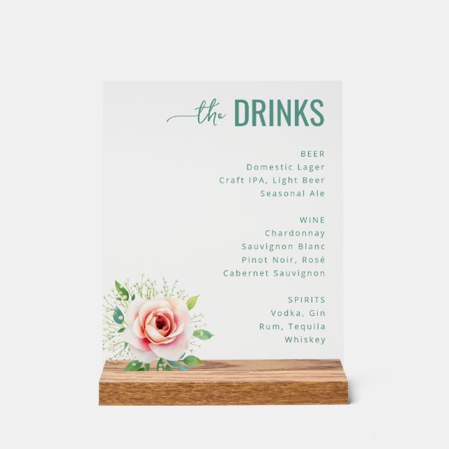 Elegant Black Floral Beverage Menu Acrylic Sign (Front)