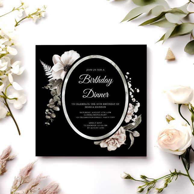 Elegant Black Floral Birthday Dinner Party Invitation (Elegant Floral Cream Black Birthday Dinner Party Invitation)