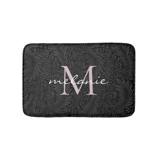 Elegant Black Floral Blush Pink Script Monogram Bath Mat (Front)