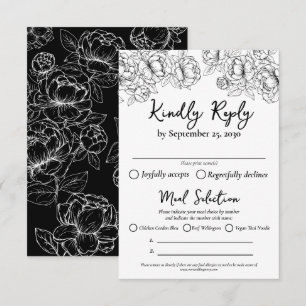 Elegant Black Floral Boho Wedding Meal Options and RSVP Card