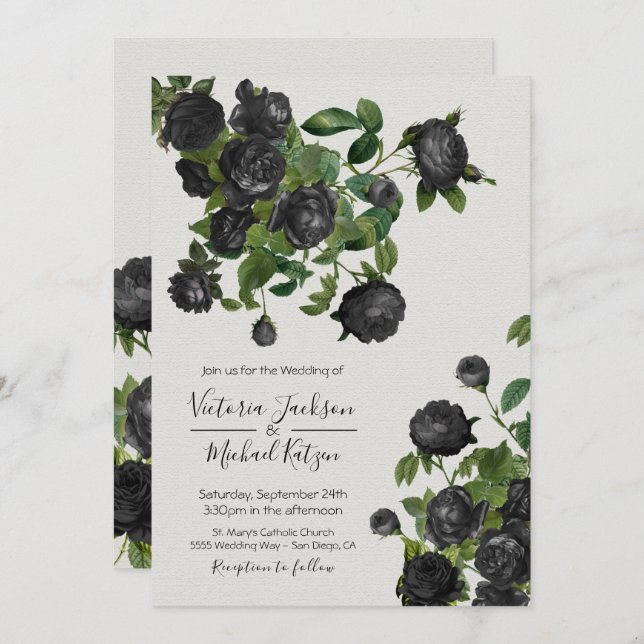 Elegant Black Floral Botanical Wedding Invitation (Front/Back)