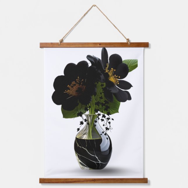 Elegant Black Floral Bouquet in Marble Vase. Hanging Tapestry (Front)
