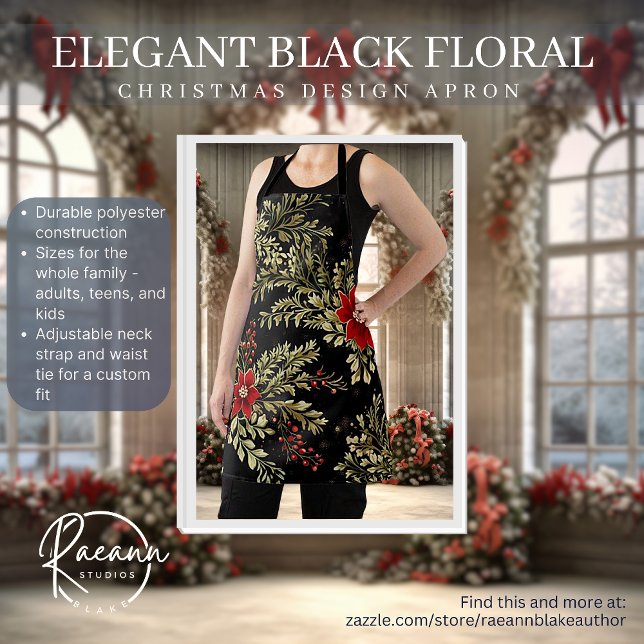Elegant Black Floral Christmas Design Apron (Creator Uploaded)