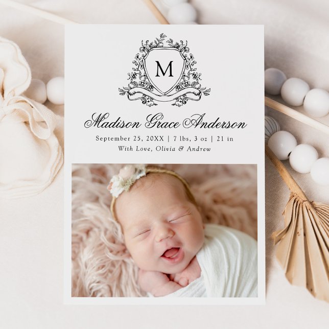Elegant Black Floral Crest Monogram 4 Photo Birth Announcement (Creator Uploaded)