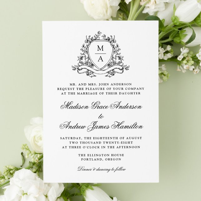 Elegant Black Floral Crest Monogram Wedding Invitation (Creator Uploaded)