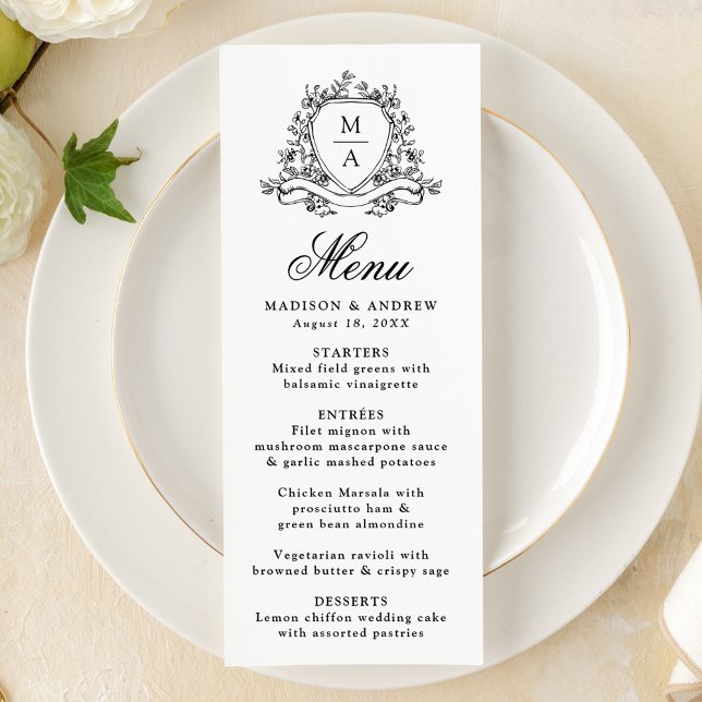 Elegant Black Floral Crest Monogram Wedding Menu (Creator Uploaded)