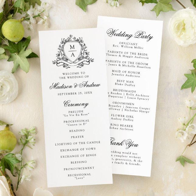 Elegant Black Floral Crest Monogram Wedding Programme (Creator Uploaded)