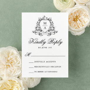 Elegant Black Floral Crest Monogram Wedding RSVP Card