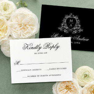 Elegant Black Floral Crest Monogram Wedding RSVP Card