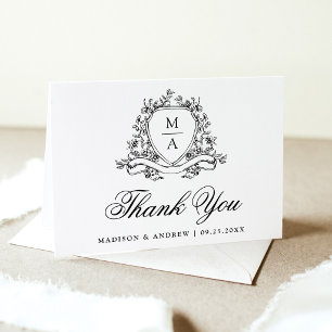 Elegant Black Floral Crest Monogram Wedding Thank You Card