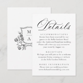 Elegant Black Floral Crest Wedding Details Enclosure Card