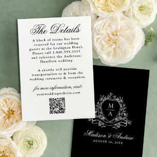 Elegant Black Floral Crest Wedding Details Enclosure Card