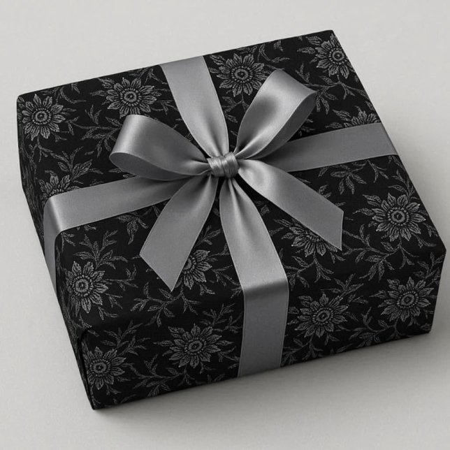 Elegant Black Floral Dark Wrapping Paper (elegant gothic or dark theme wedding gift wrap.  Black with crystal floral accent)