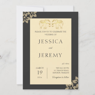 Elegant Black Floral Elephant Thailand Wedding Invitation