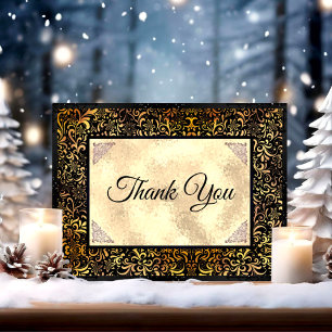 Elegant black floral faux gold Christmas  Thank You Card
