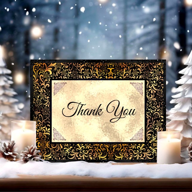 Elegant black floral faux gold Christmas  Thank You Card (Creator Uploaded)