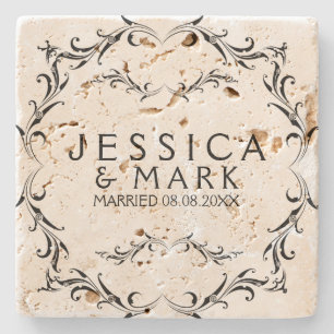 Elegant Black Floral Frame Stone Coaster