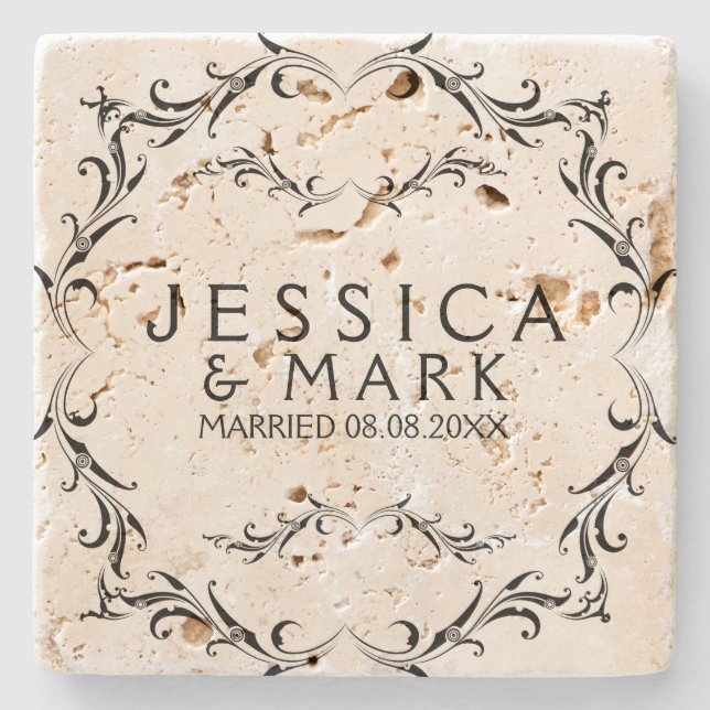 Elegant Black Floral Frame Stone Coaster (Front)