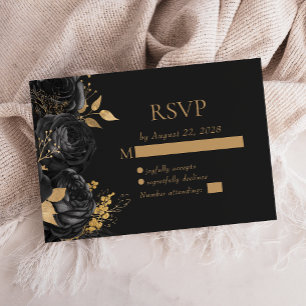 Elegant Black Floral Gold Dark Wedding RSVP Card
