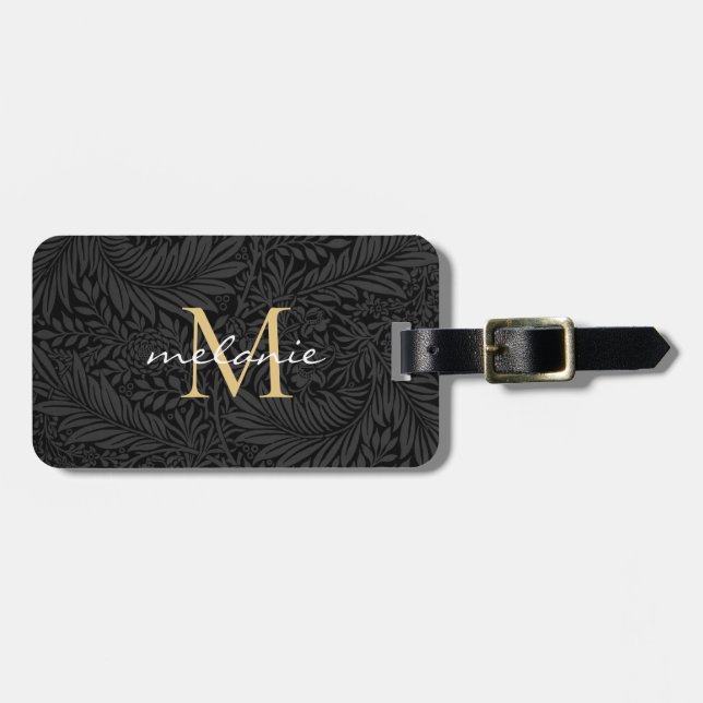 Elegant Black Floral Gold Monogram Luggage Tag (Front Horizontal)