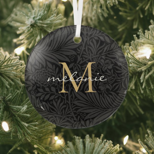 Elegant Black Floral Gold Script Monogram Glass Tree Decoration (Insitu)