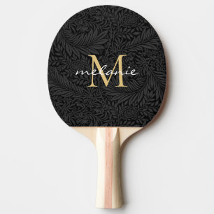 Elegant BlacK Floral Gold Script Monogram Ping Pong Paddle